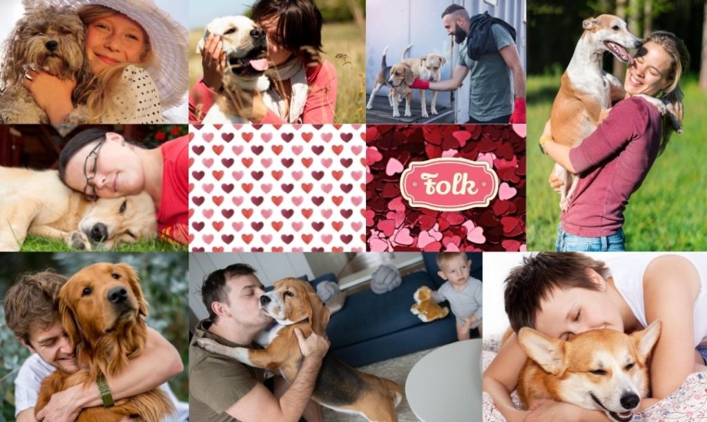 Miłość bezwarunkowa. Zbitka zdjęć ludzi tulących do siebie psy. Na środku grafika z sercami i logo Folk.
