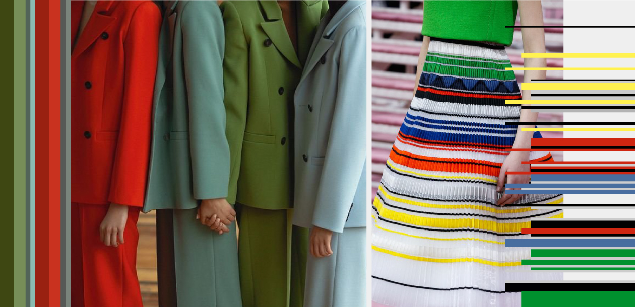 Analiza kolorystyczna. Z lewej strony fragmenty kolorowych ubrań - czerwony, zielony, turkusowy i błękitny garnitur. Po prawej stronie fragment pasiastej, kolorowej sukni i poziome elementy graficzne - kolorowe paski.