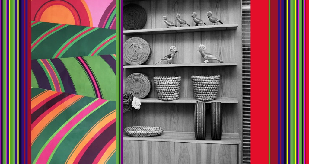 Etnodizajn. Zdjęcie przedstawia kompozycję kolorowych pasków. W centralnym miejscu jest czarno-białe zdjęcie półki sklepowej dawnej Cepelii. Na półkach stoją  drewniane figurki ptaszków i wiklinowe koszyki.
