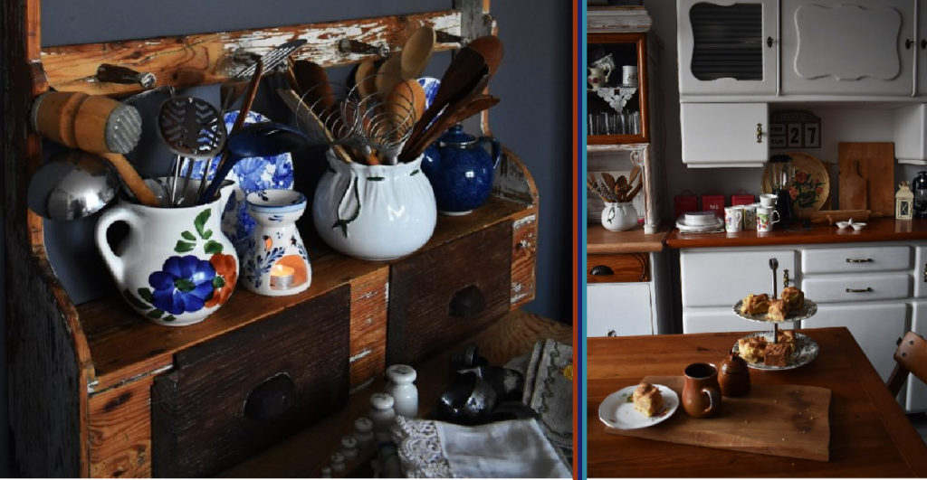 Etnodizajn. Z lewej strony zdjęcie folkowych dzbanków z drewnianymi łyżkami do zupy. Z prawej fragment rustykalnej kuchni, z białego drewna i z ciastem na drewnianym stole.