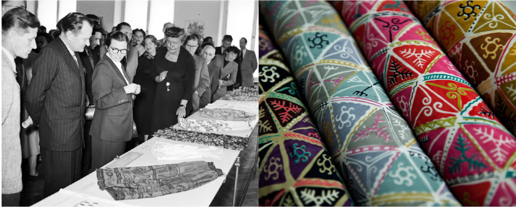 Etnodizajn. Z lewej strony czarno-białe zdjęcie przedstawiające Wandę Telakowską wśród ludzi oglądających próbki tkanin. Po prawej zbliżenie na zwoje kolorowych, wzorzystych tkanin.