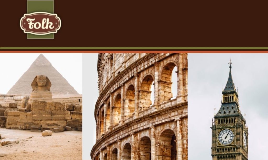 Historia rasy. Zdjęcie Egiptu, Rzymu i Londynu. Logo Folk.