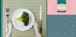 Jakie warzywa może jeść pies. Na talerzu brokuł. Widaćłapy psa, nóz i widelec, obrus w zielona kratę. Logo Folk