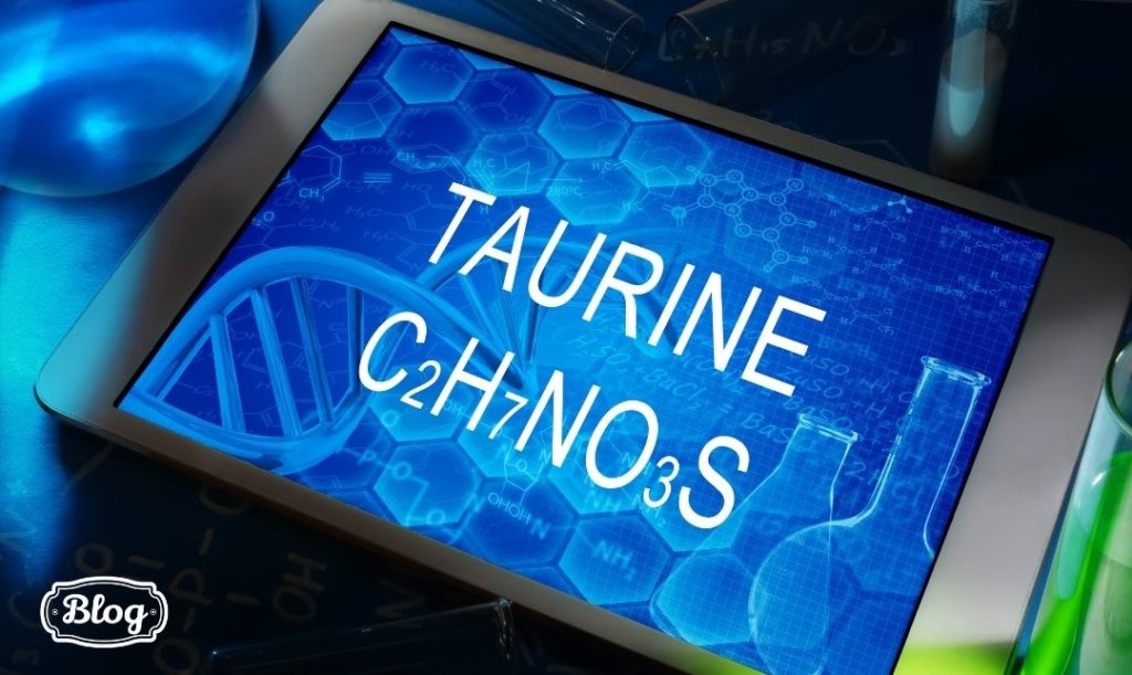 Co to jest tauryna. Zdjęcie tabletu z chemicznym wzorem. Napis Blog.