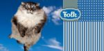 Gruby kot - jak pozbyć się otyłości u kota. Zdjęcie grubego kota fruwającego na tle nieba. Z prawej strony elementy graficzne kropek i pasków. Logo Folk.