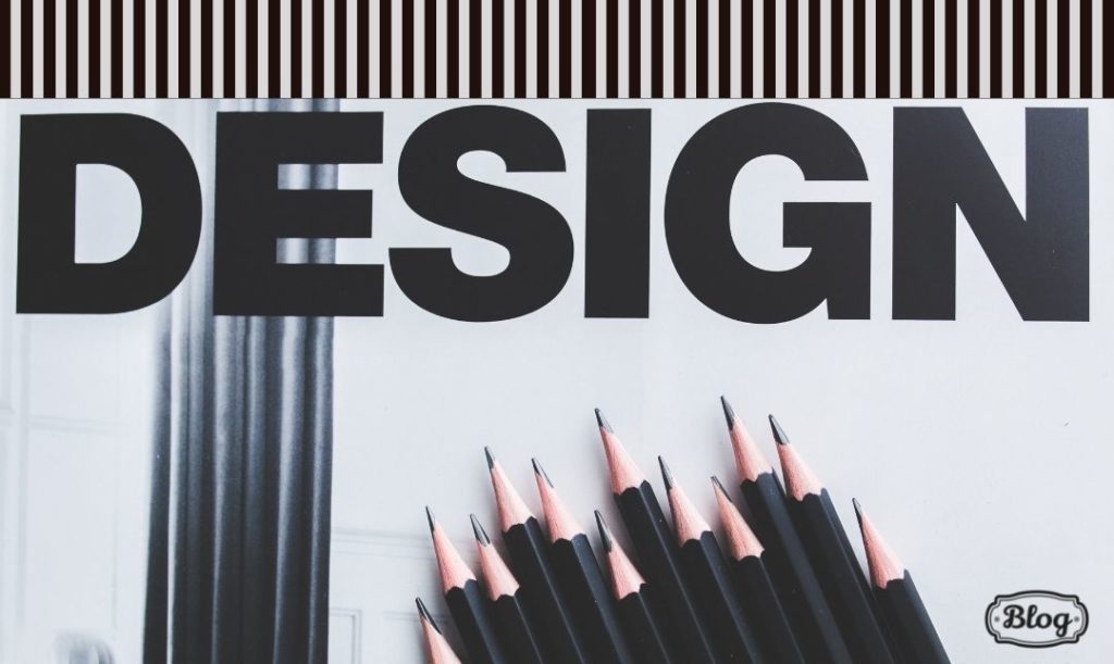 Świetne projektantki. Zdjęcie czarnych ołówków. Duzy napis design. Element graficzny w paski. Logo Blog.