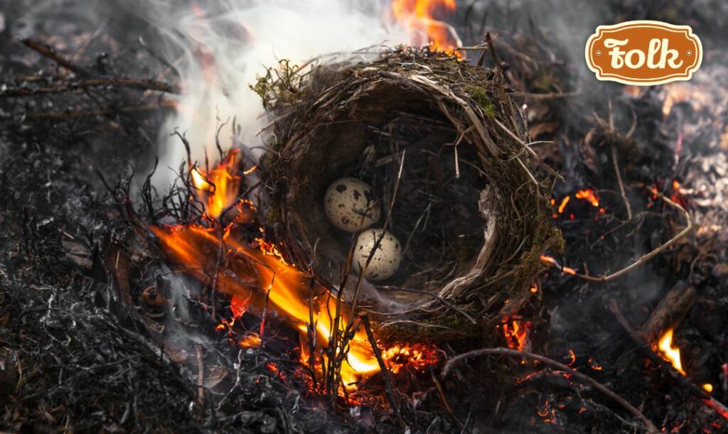 Jak okupant do zajmowanego kraju. Zdjęcie gniazda z jajkami w płomieniach palącego się lasu. Logo FOLK.