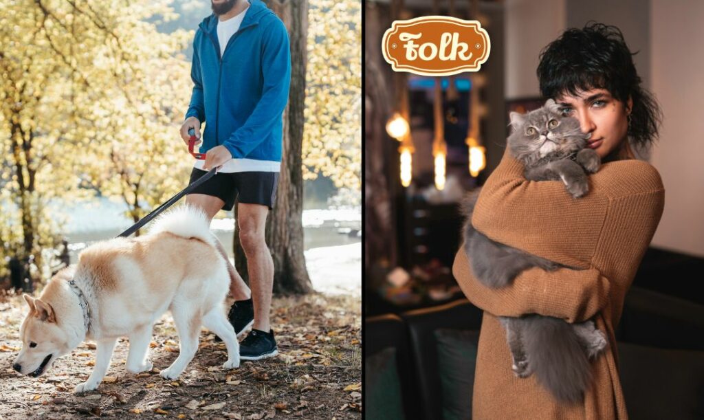 Dbaj o rutynę.  Z lewej strony zdjęcie mężczyzny w sportowym ubraniu spacerującego z jasnym, dużym psem na smyczy. Z prawej zdjęcie kobiety w rudym swetrze, tulącej szarego kota. Po prawej stronie rudy logotyp FOLK.
