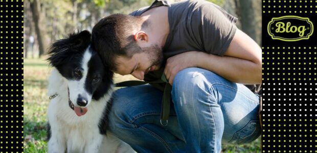 Ile żyją psy. Na zdjęciu kucający mężczyzna dotykający głową swojego psa. Po bokach na czarnym tle zielone kropki i zielone logo FOLK.